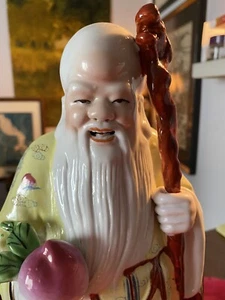 VINTAGE chinesische Famille Rose Porzellan Statue Shou Xing Gott der Langlebigkeit - Bild 1 von 8