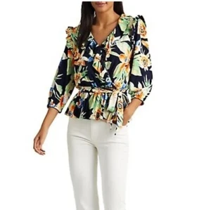 New! Lauren Ralph Lauren Jersey Belted Wrap Ruffle Floral Peplum Top Size: L - Picture 1 of 14