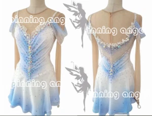 Vestido de patinaje artístico para mujer/niña vestido de patinaje sobre hielo blanco teñido azul - Imagen 1 de 7
