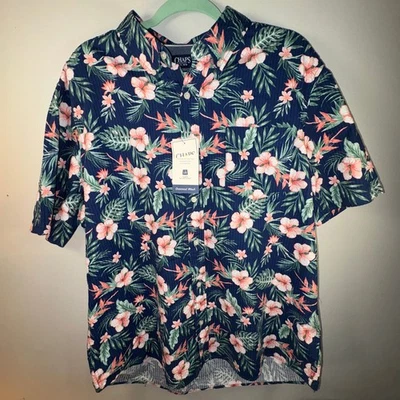 Chaps Seersucker Floral Hawaiian Shirt Men’s XL Navy Tropical Short Sleeve NWT - Image 1 of 4