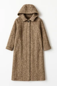 Lotex Wool Blend Hooded Coat | Brown & Cream Textured Knit | Vintage Longline - Picture 1 of 7