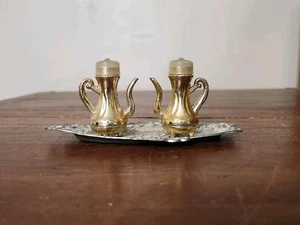 Vintage Ornate Gold Tone Metal Tea Pots Salt and Pepper Shakers with Tray Japan - Picture 1 of 11