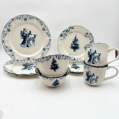 Christmas Holiday Dinner Tableware Set Santa Tree Blue White Porcelain - Image 1 of 4