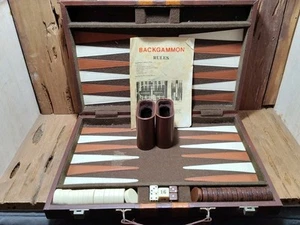 Vintage Cardinal Backgammon Game Set Leather Travel Briefcase Brown Complete - Picture 1 of 14