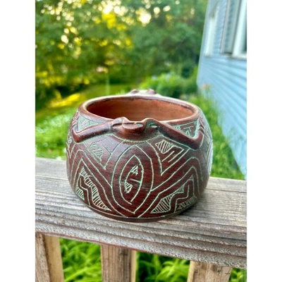 Бразильский Marajoara ручной работы лягушка лицо ручка чаша керамическая терракота резной  - Изображение 1 из 4