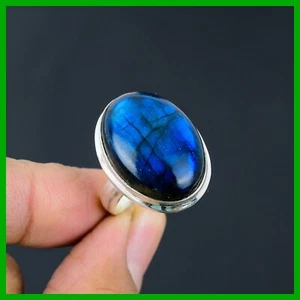 925 Sterling Silver Blue Fire Labradorite Stone Statement Wife Gift Ring Jewelry - Picture 1 of 6