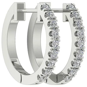 Real Diamond Hoop Earrings Prong Set SI1 G 0.25 Ct 14k White Gold 0.60Inch - Picture 1 of 10
