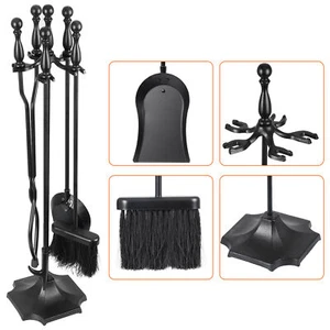 5PCS Fireplace Tools Set Wrought Iron Fire Place Tools Holder w/ Handles Tools - Picture 1 of 18