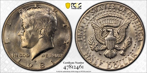 1981 D 50C KENNEDY HALF DOLLAR PCGS MS63 Protected by Gold Shield & TrueView Cover