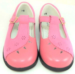 DE OSU -Spain -Girls Pink Fuchsia Leather T-Strap Dress Shoes -European -Sz 8-10 - Picture 1 of 5