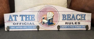 At the Beach Official Rules! Wall Hanging! 4 Hooks Key / Cup / Hat / Coat Holder - Picture 1 of 12