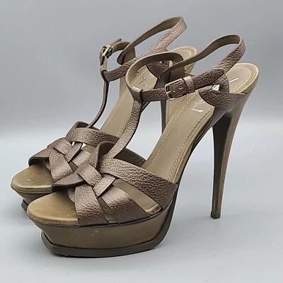 Sandalias YSL Mujer Tributo Tacones Bronce Cuero Plataforma T-Correa Talla 40 10 Foto 1 de 4