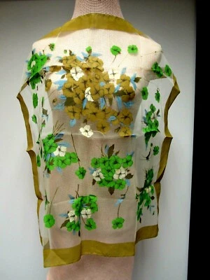 VTG 50s Floral Pansies Roses Sheer Chiffon 25 Square Scarf Border Old Gold Green - Image 1 of 4