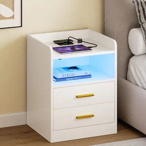Advwin Bedside Table 2 Drawers LED Nightstand Wireless Charging Station White - Picture 1 of 8