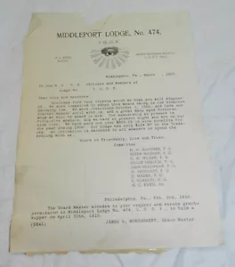 Carta de colección 1910 sobre Odd Fellows Middleport Lodge No. Membrete 474 - Imagen 1 de 3