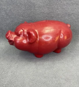 Vintage Red Plastic Piggy Bank Medium Jolly Fat Pig - Picture 1 of 8
