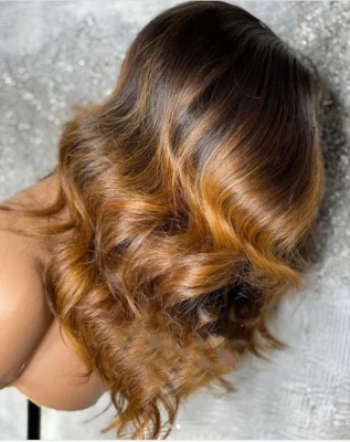 Lace Front Human Hair Wigs Curly Wave Ombre Brown Wig Side Part - Image 1 of 4