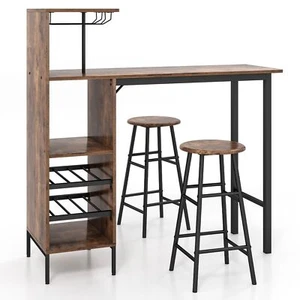 3PCS Bar Table & 2 Stool Industrial Kitchen Dining Set W/ Wine Rack Glass Holder - Picture 1 of 8