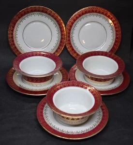 Higgins & Seiter Austria Porcelain Set of 3 Ramekins & 5 Saucers Red & Gold Gilt - Picture 1 of 16