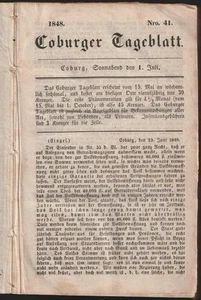 1848 Coburger Tageblatt Nr 41-195 in 1 Band * Coburg Zeitung Deutsche Revolution - Imagen 1 de 2