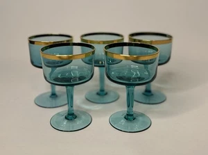 MCM Vintage Aqua Blue Cocktail Glasses 22k Gold Rims Stemmed Set of 5 - Picture 1 of 10
