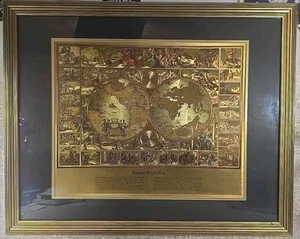 Gold Foil Piscator World Map Visscher Matted & Framed Hanging VTG c. 60s 30"x25" - Picture 1 of 10