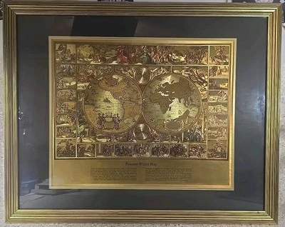 Gold Foil Piscator World Map Visscher Matted & Framed Hanging VTG c. 60s 30"x25" - Image 1 of 4
