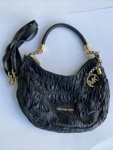 Michael Kors MK Black Soft Leather Ruffled Pleated Hobo Shoulder Bag - Picture 1 of 9
