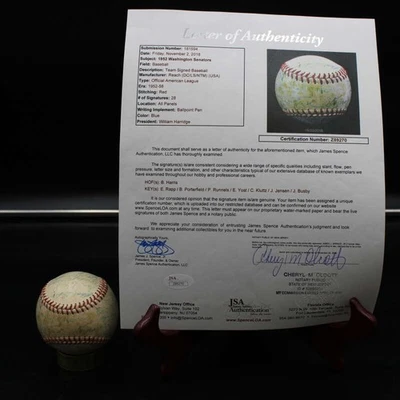 1952 Washington Senators Team Signed Baseball Harris +27 JSA LOA AZ025 - Image 1 of 4