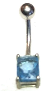 Belly Ring Gemmed Emerald Cut Aqua Non Dangle Naval Steel - Picture 1 of 3