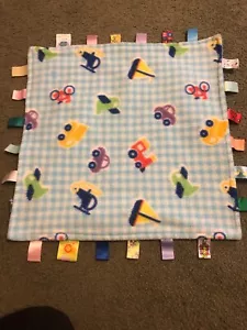 Taggies Baby Security Blanket Blue Vehicles Cars Helicopters Checkered Ribbons - Picture 1 of 7