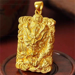 Pure 999 24K Yellow Gold Men Women Lucky Dragon Oblong Pendant 9.1-9.3g - Picture 1 of 6