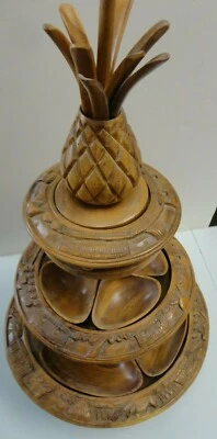 Vintage Hand Carved Monkey Pod - PINEAPPLE Lazy Susan - Serving Tray - 3 Tier - Image 1 of 4