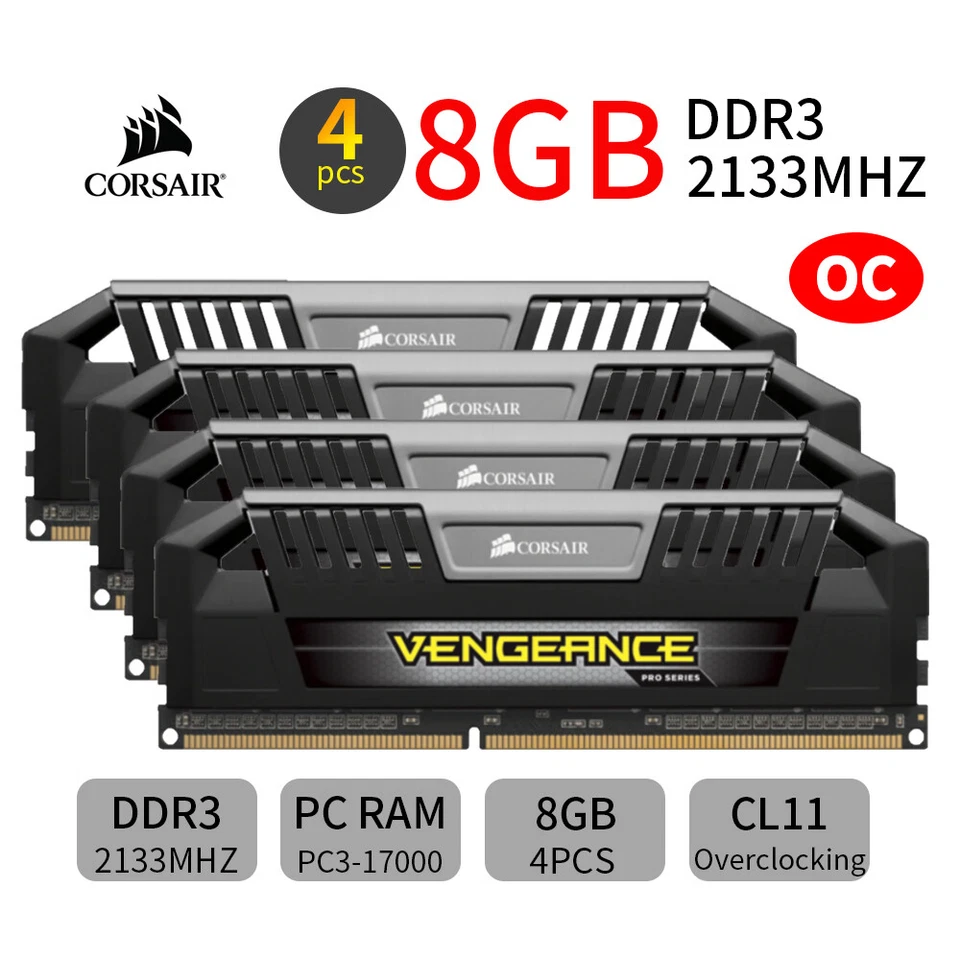 Corsair Pro 32GB 4x 8GB DDR3 OC 2133MHz PC3-17000U 240Pin Desktop RAM Silver UK - Image 1 of 4