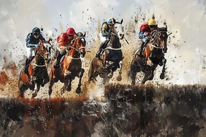 HORSE RACING CANVAS PICTURE PRINT WALL ART - Picture 1 of 3