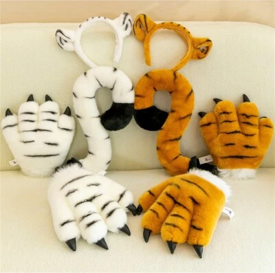 Niedliche Tiger Krallen Handschuhe Krallen Plüsch Handschuhe Haarband Schwanz - Bild 1 von 4