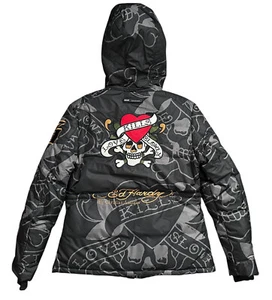 NWT Ed Hardy Love Kills Black Gray Women's Puffer Jacket Size M - Picture 1 of 18