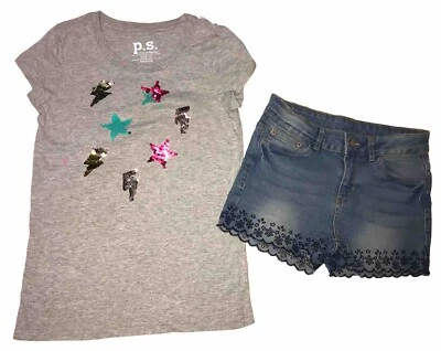 p.s from aeropostale niñas talla 12 flip lentejuelas camiseta denim shorts elásticos nuevo Foto 1 de 4