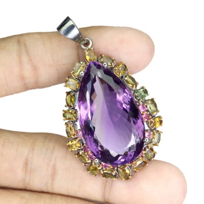 925 Pendente Argento Sterling Pera Ametista 51ct Gemma Gioielli Fatto a Mano - Immagine 1 di 4