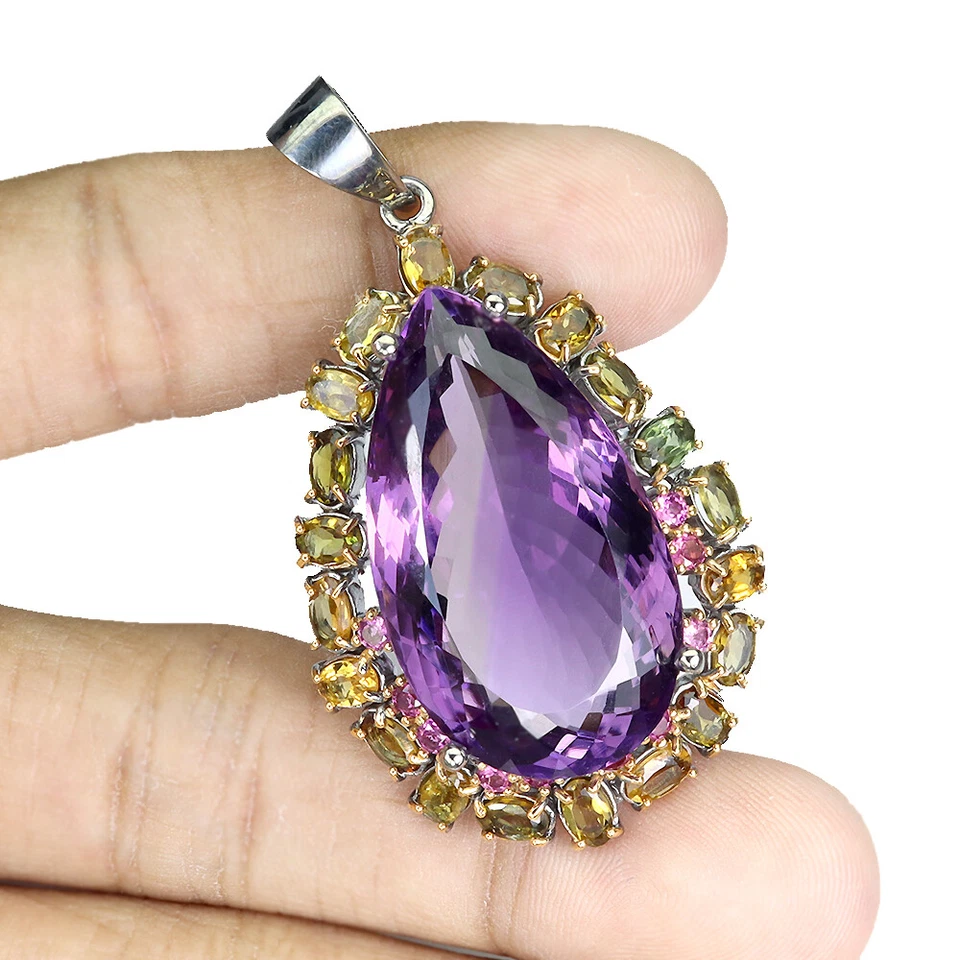 925 Sterling Silver Pendant Pear Amethyst 51ct Gemstone jewelry Handmade - Image 1 of 4