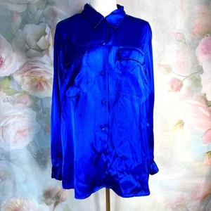 Vintage Laura Scott dunkelblau Satin Knopfleiste Bluse Top - Bild 1 von 5