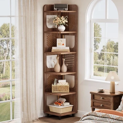 6-Tier Tall Corner Shelf, 71'' Rustic Narrow Corner Bookshelf with Square Rack - Image 1 of 4