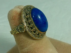 Vtg Blue Lapis Stone Cab Filigree Scroll Flower Gold Tone Fashion Ring sz 4.5 - Picture 1 of 16