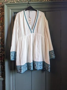 BNWT Zara Cotton Tunic Kaftan Beach Smock Dress Green Embroidered Size L 14 16 - Picture 1 of 7