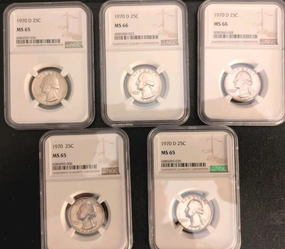 Lot of 5 1970 NGC-CERTIFIED MS65/66  Washington Quarters Great Set! - Image 1 of 4