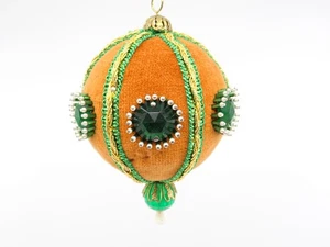 Vintage Weihnachtsschmuck Handarbeit Stecknadel Samt grün Perlen Band - Bild 1 von 5