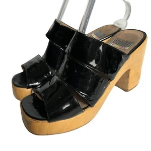 Holz Plateau Sandalen Damen 9 40 Schwarz Lackleder Riemchen Holz High Heels - Bild 1 von 11
