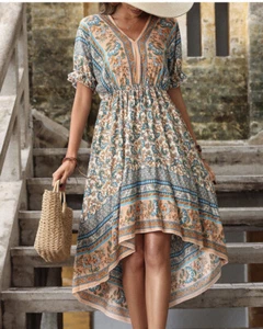 C. Cline Woman Apricot & Blue Floral V- Neck A- Line Dress, Size Small - Picture 1 of 8