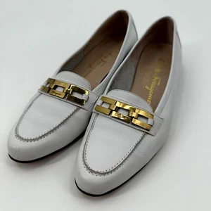 Salvatore Ferragamo flache Halbschuhe Damen 6 B weiß Leder gold Horsebit Slipper - Bild 1 von 9