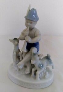 Western Germany Bavaria Musical Boy Baby Goats Porcelain Statue Figurine 6.8"